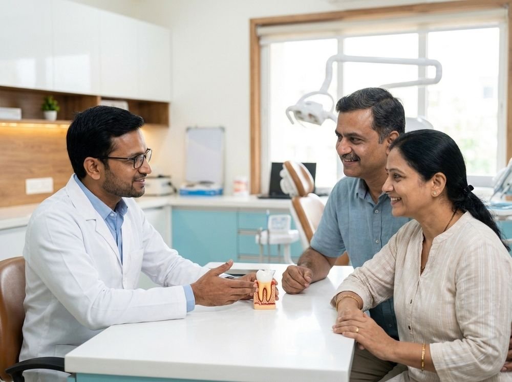 A dentist explaining a treatment plan to a patient using a model