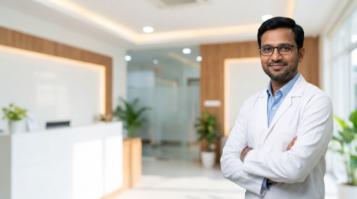 A dentist standing in a bright, modern clinic reception