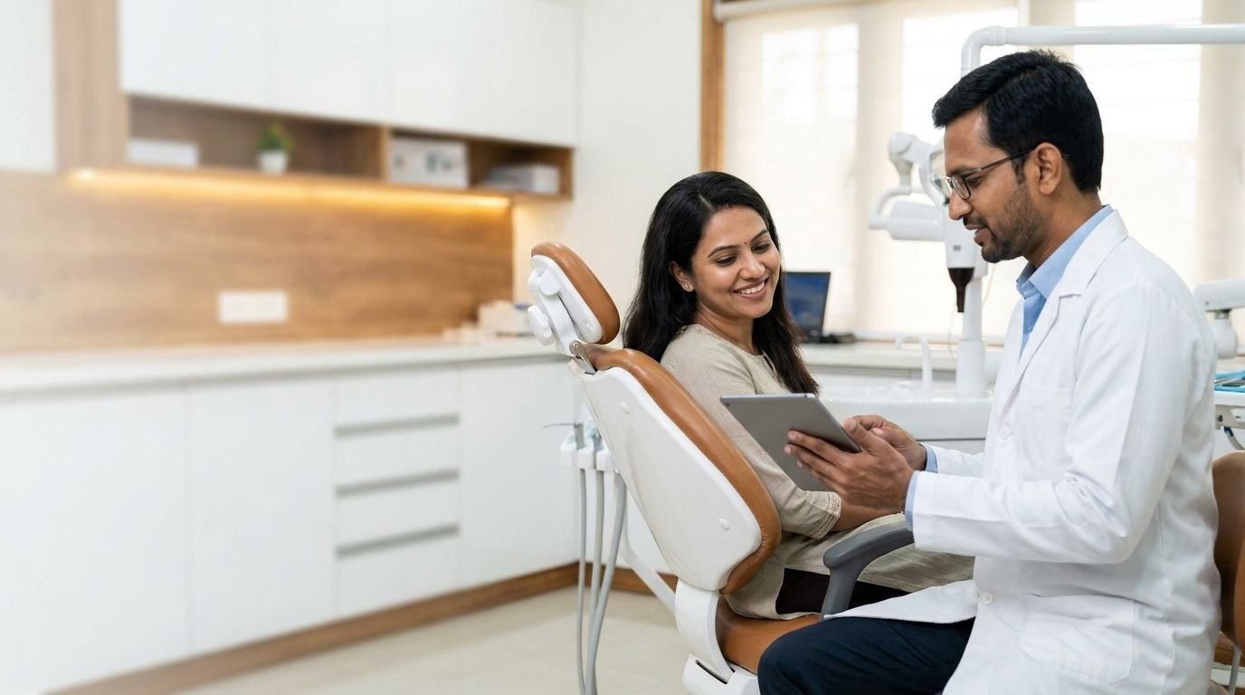 A dentist explaining a treatment plan to a patient seated in a dental chair